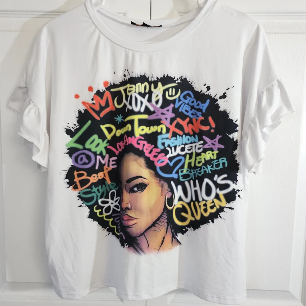 Graffiti‎ Afro Graphic Tee Large Ruffle Sleeve Streetwear Bold Modern